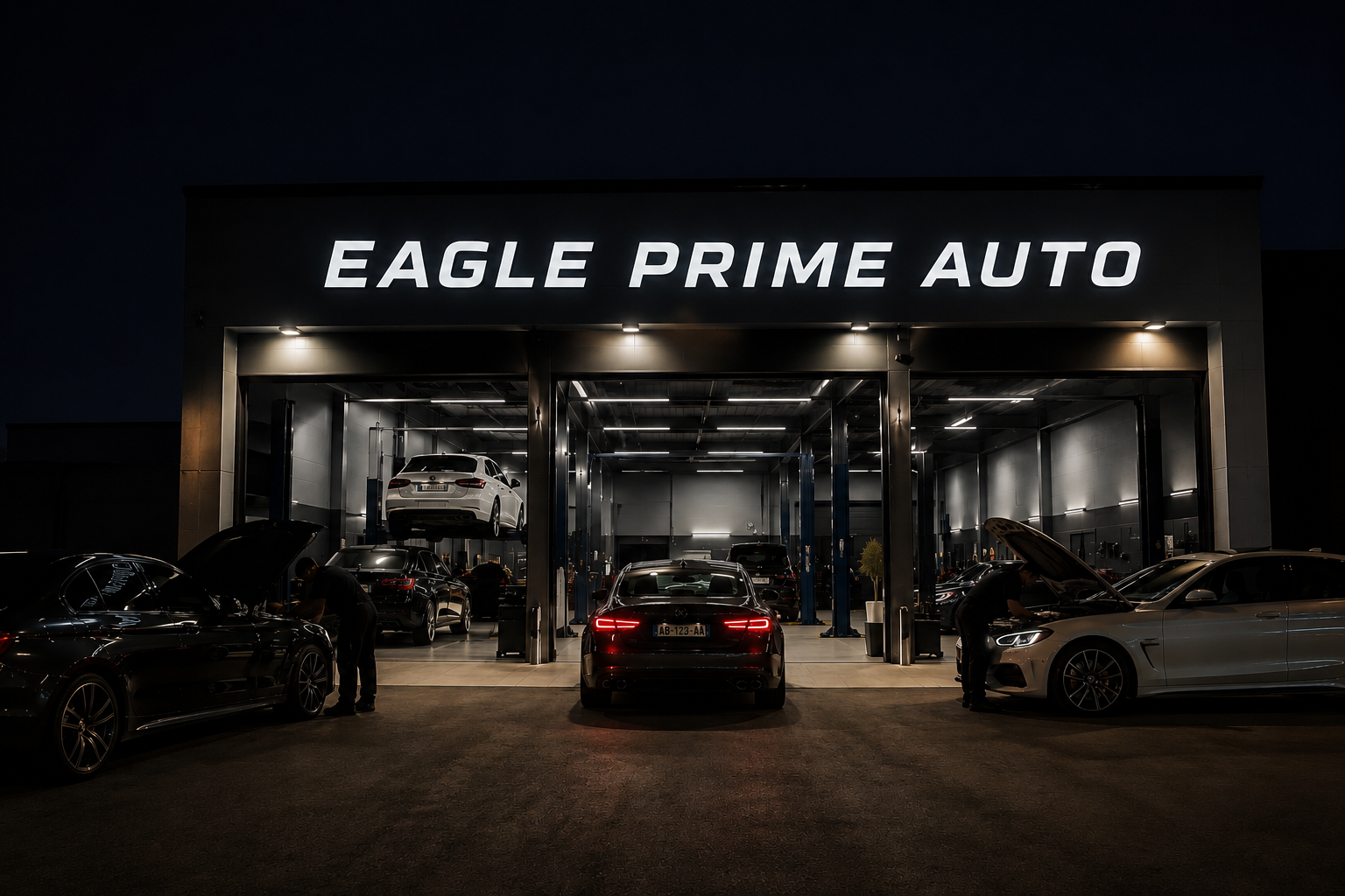 Realistic exterior of Eagle Prime Auto with cars lined up for service